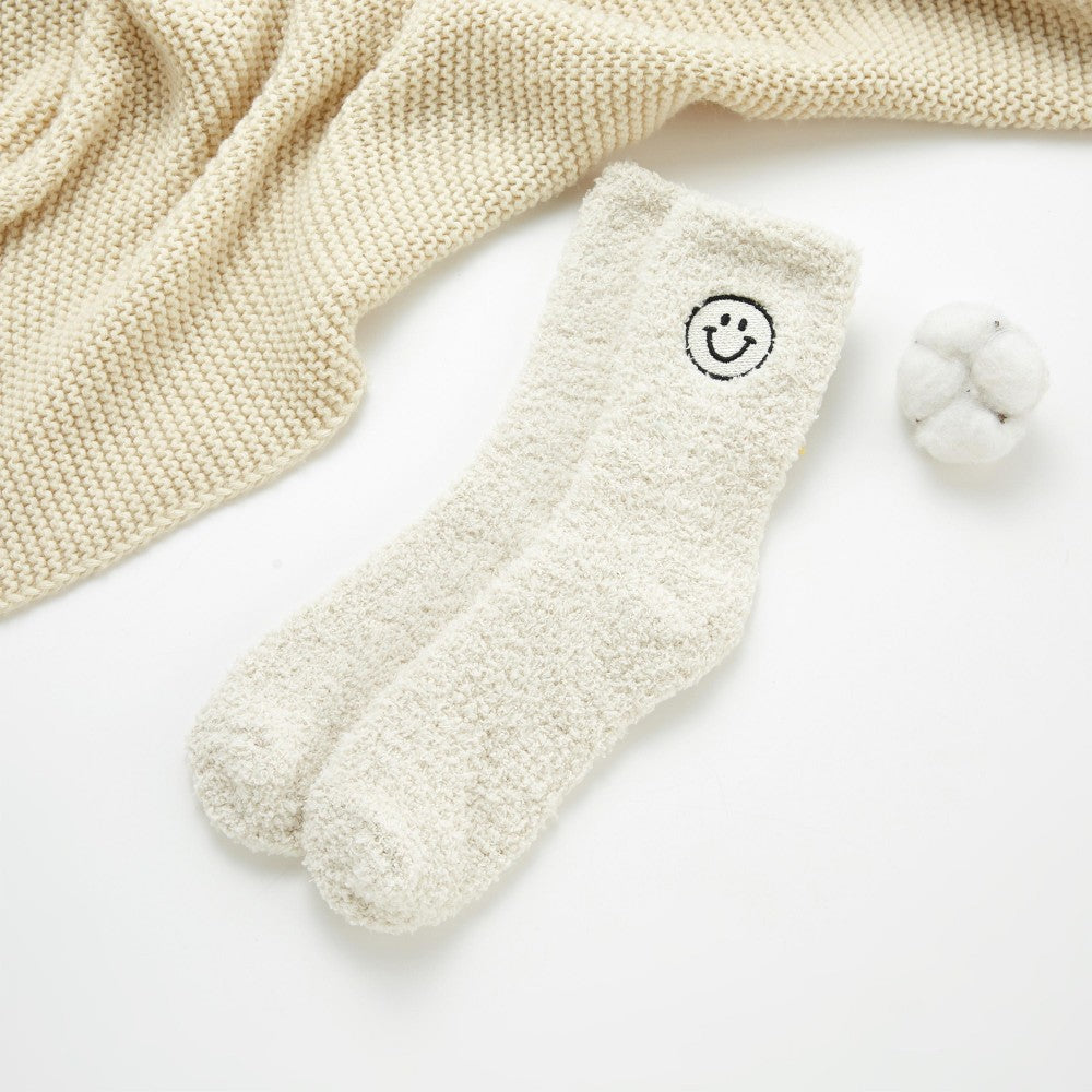 Plush Embroidered Happy Face Socks