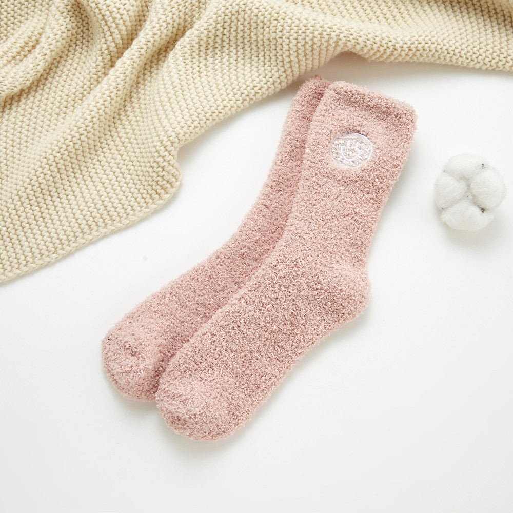 Plush Embroidered Happy Face Socks