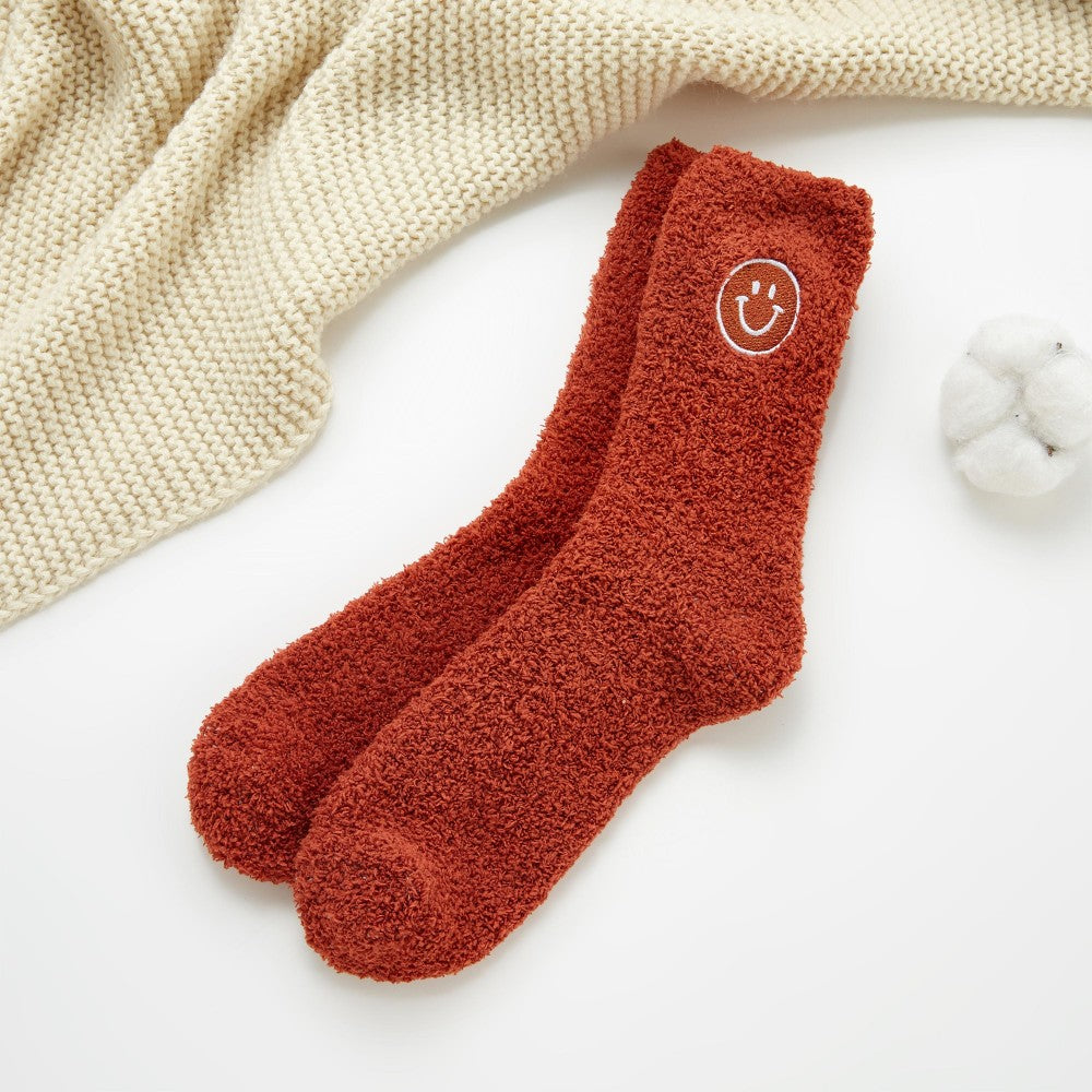 Plush Embroidered Happy Face Socks