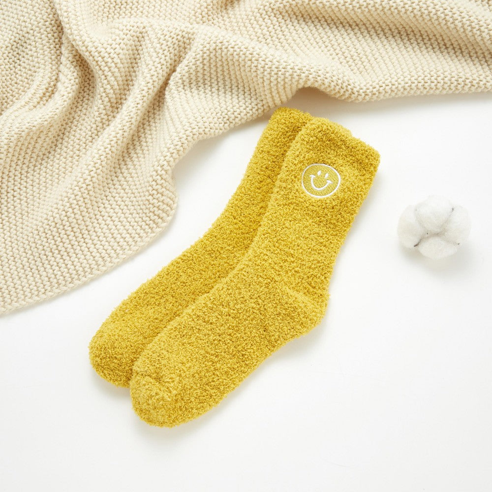 Plush Embroidered Happy Face Socks