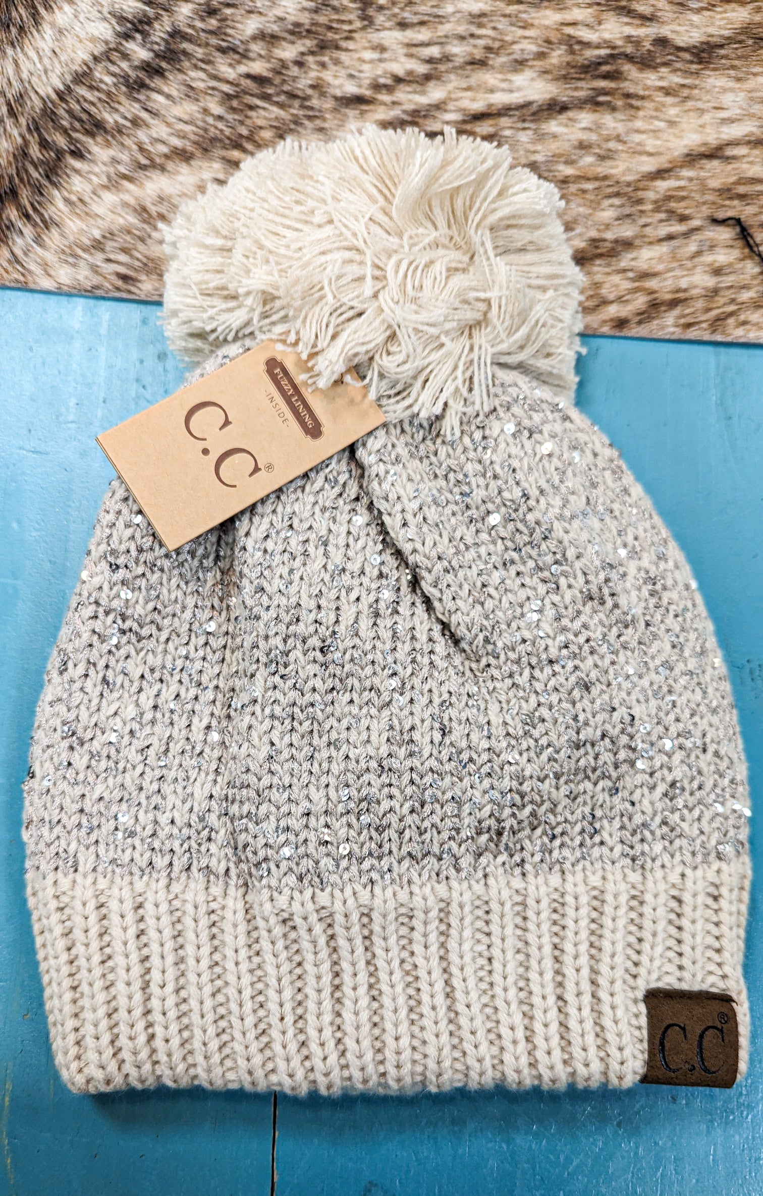 Sequin Cuff Pom Beanie