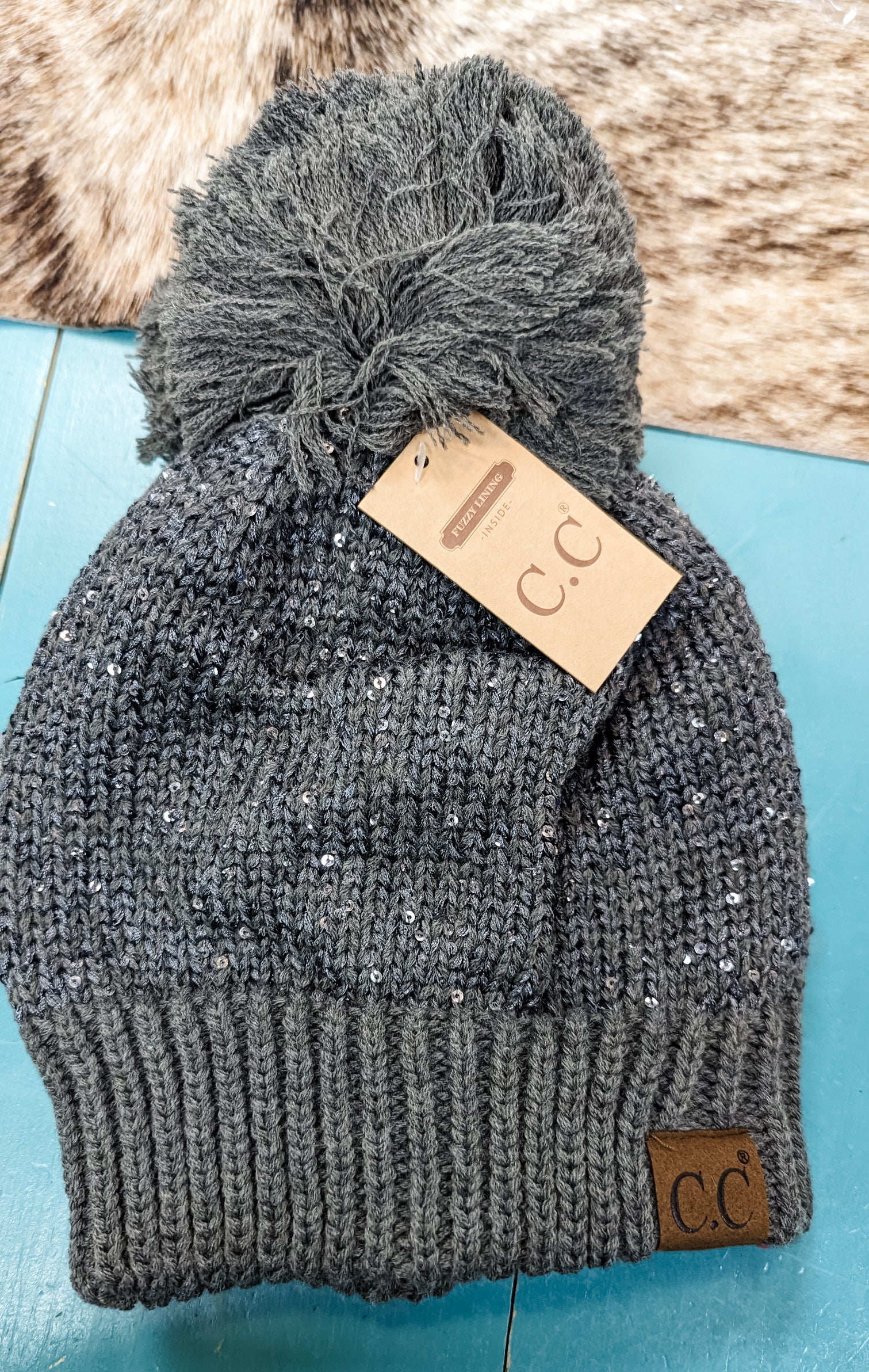 Sequin Cuff Pom Beanie