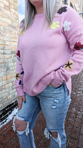 Embroidered Florals Sweater - Pink