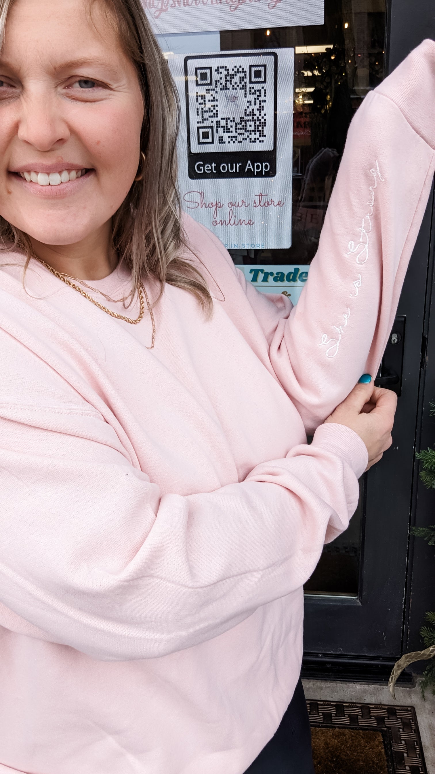 Pink Embroidered She Is Strong Sweatshirt