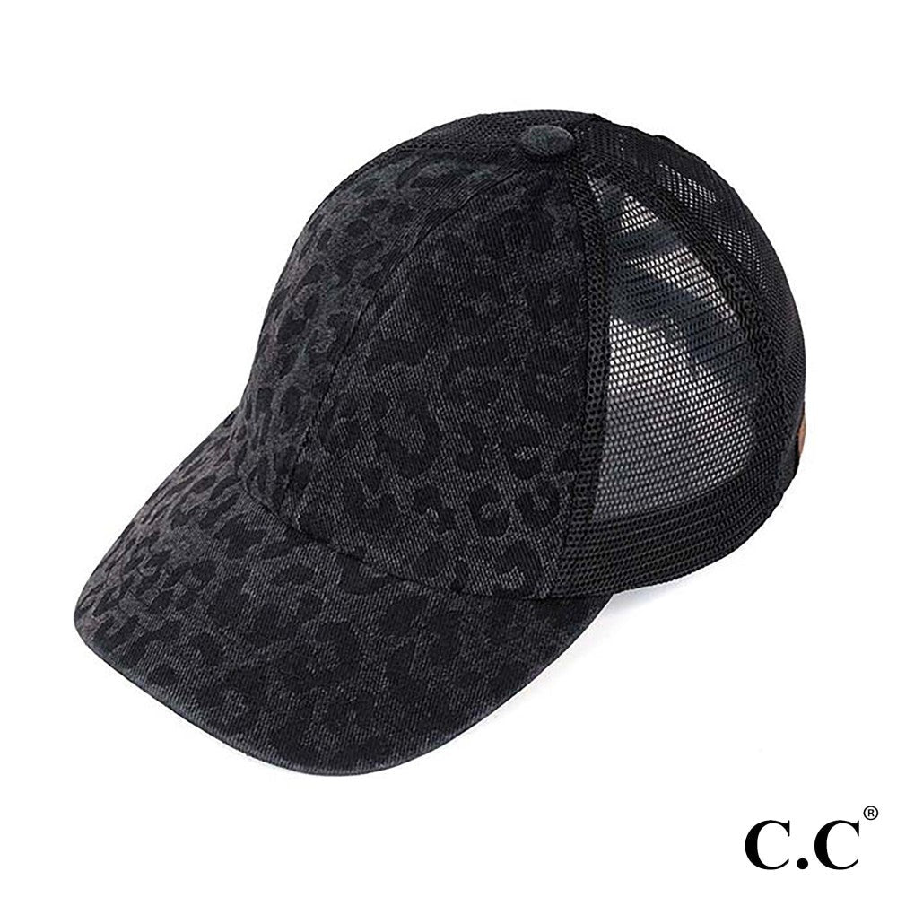 Black Leopard Ponytail Hat