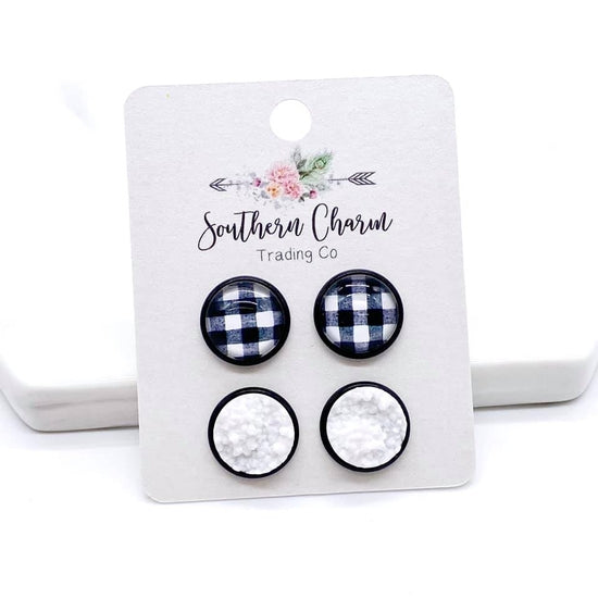 Duo Earrings- B/W Plaid & Snow