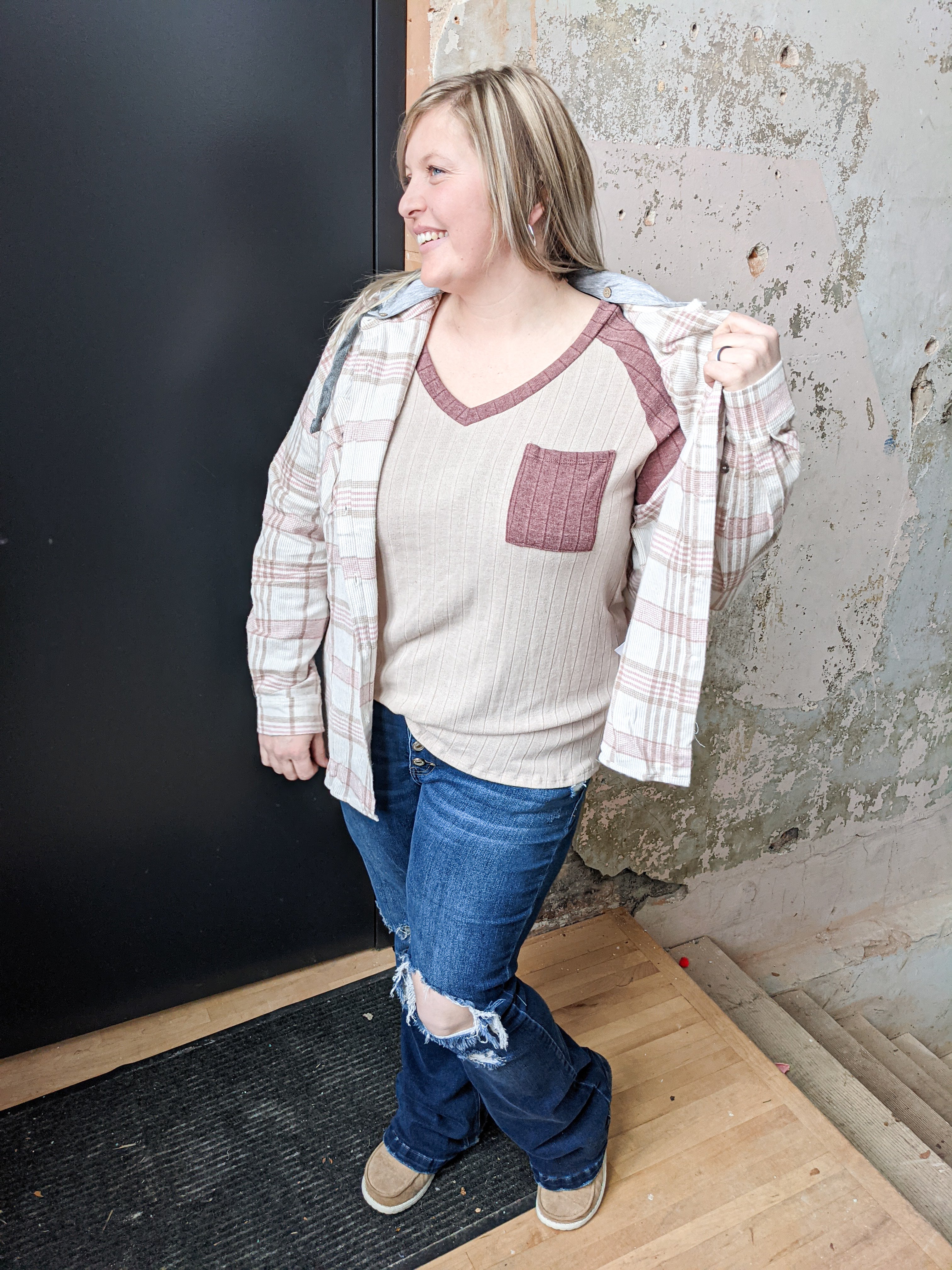 Taupe/ Pink Hooded Flannel Curvy