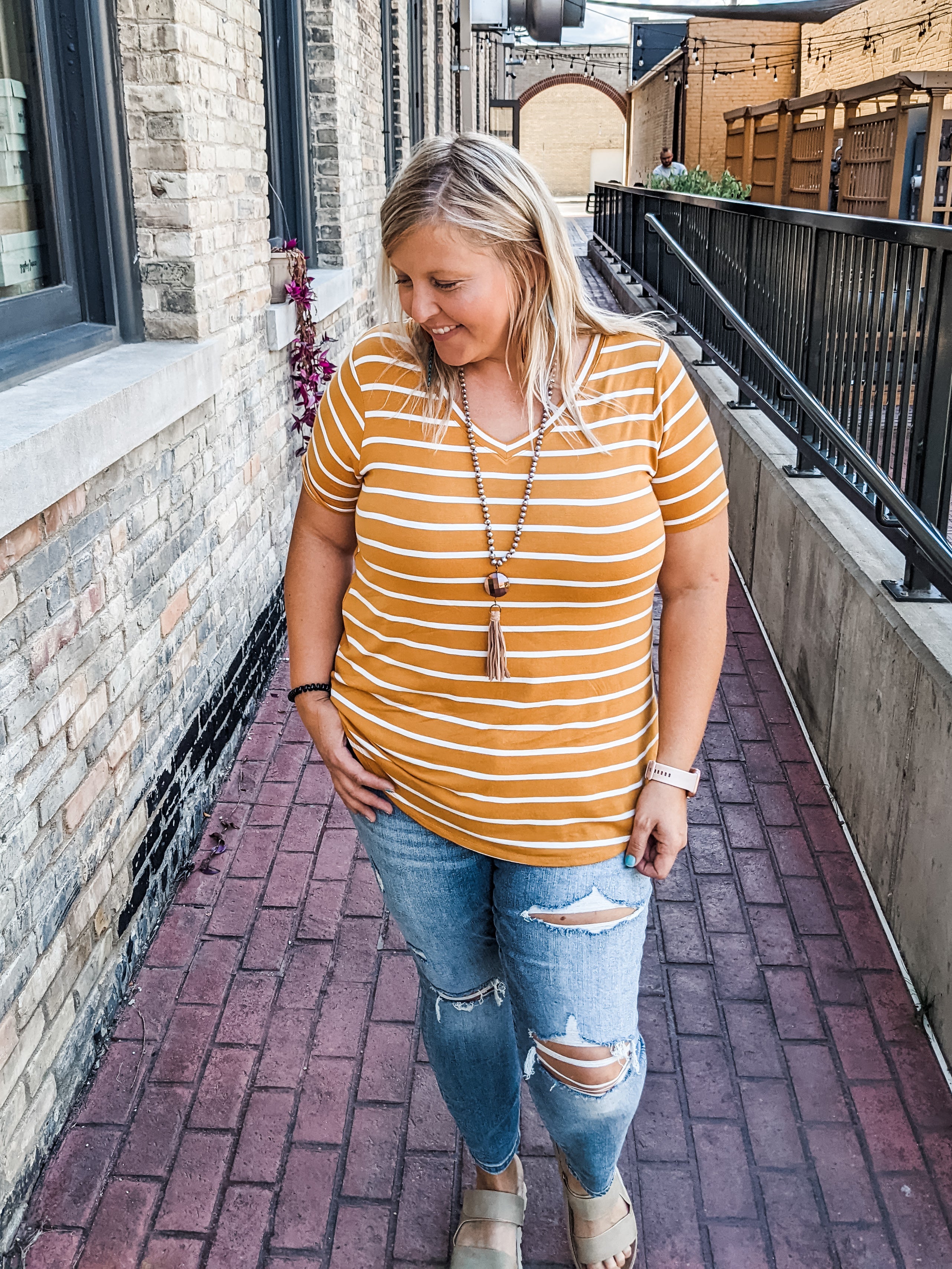 Golden Mustard Striped V Neck