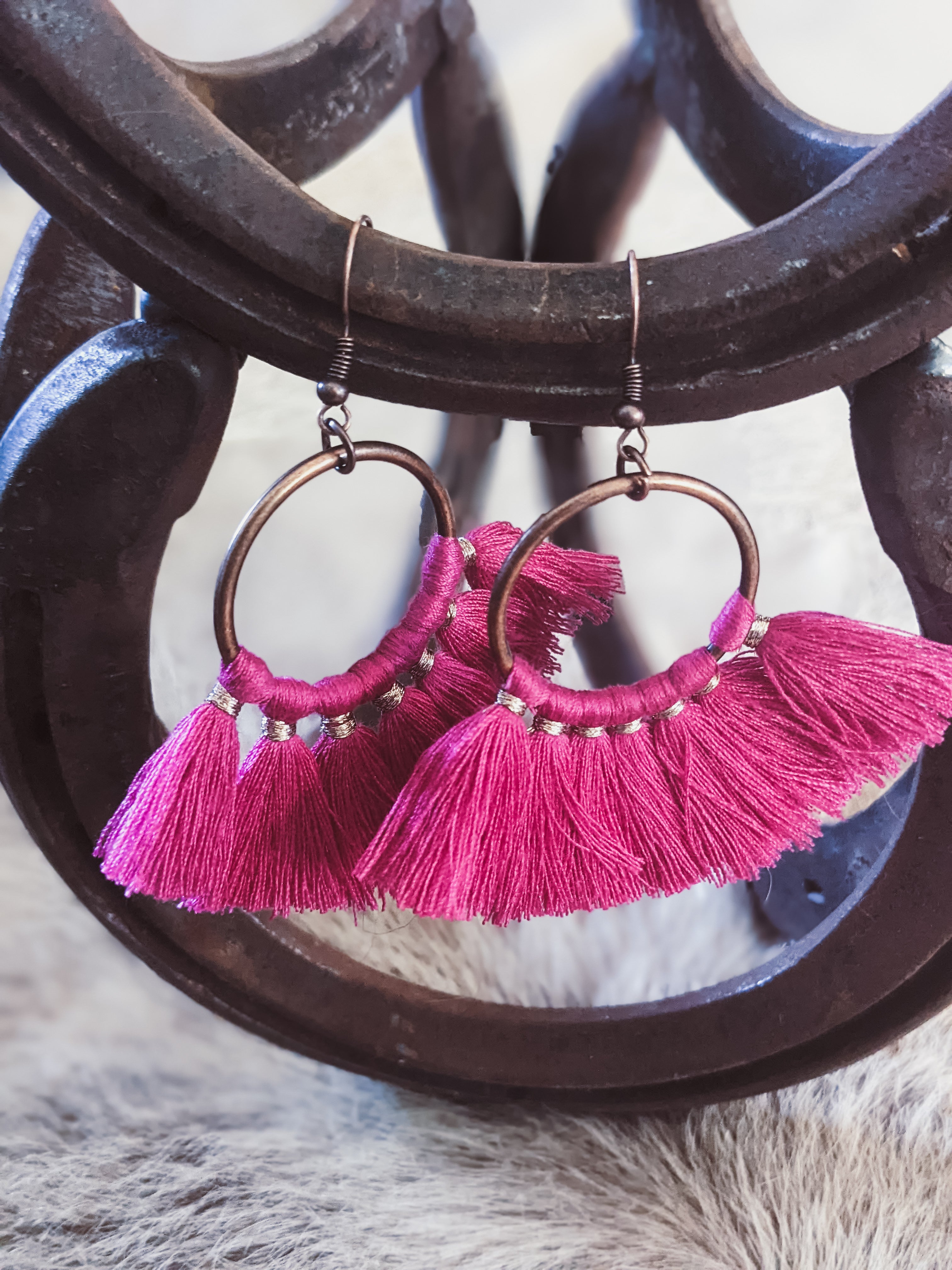 Magenta Tassel Drop Earrings