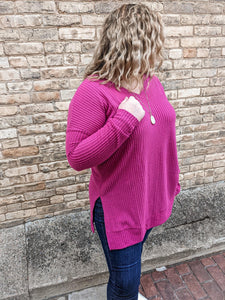 Brushed Waffle V Neck - Magenta